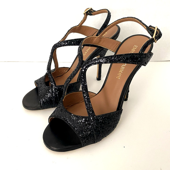 NWOB Emporio Armani Sandal Black Glitter Slim Heel Strappy Open Toe 36.5 6.5 - Picture 5 of 9